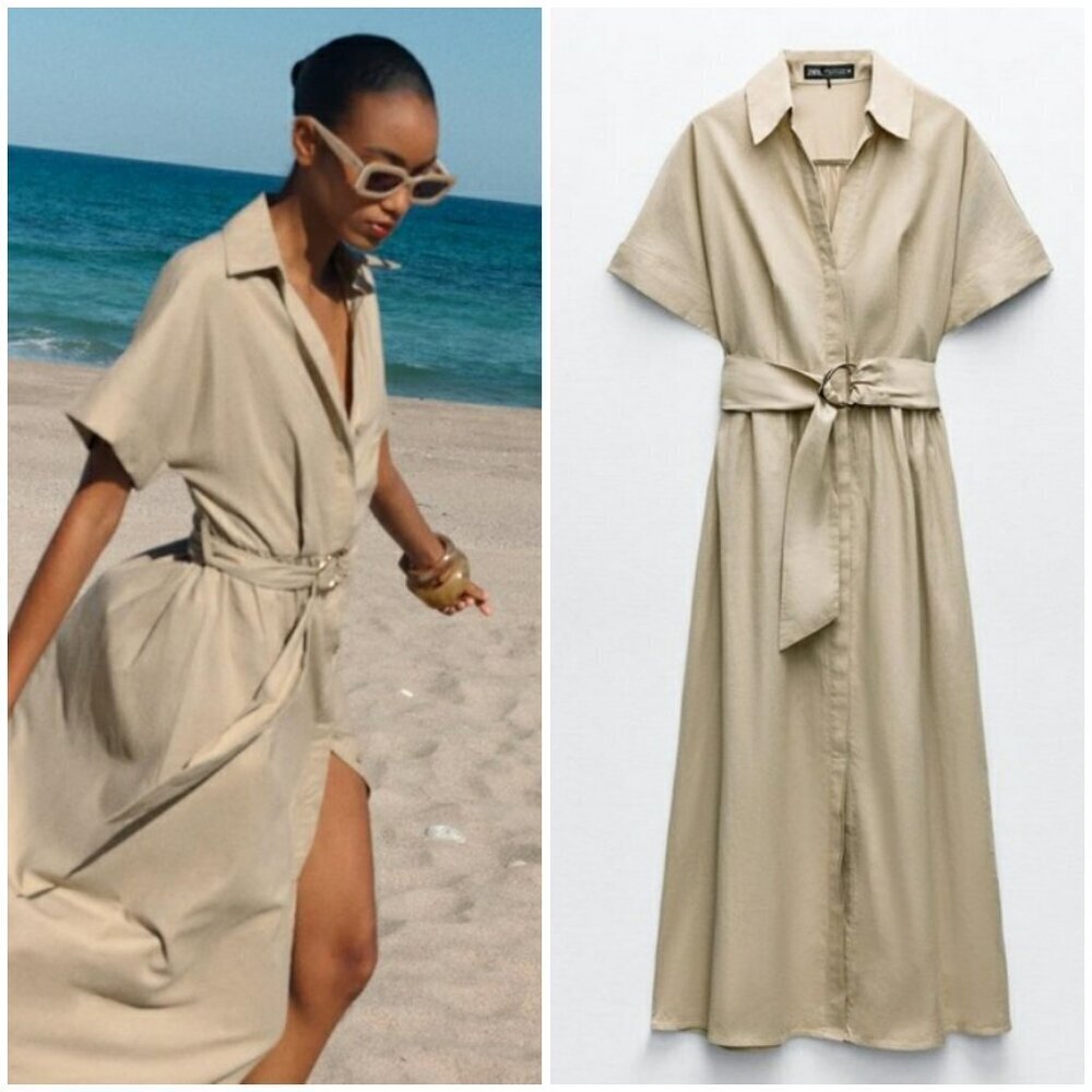 💕ZARA💕 Linen Blend Midi Dress ~ ShirtDress Neutral Light Beige Large